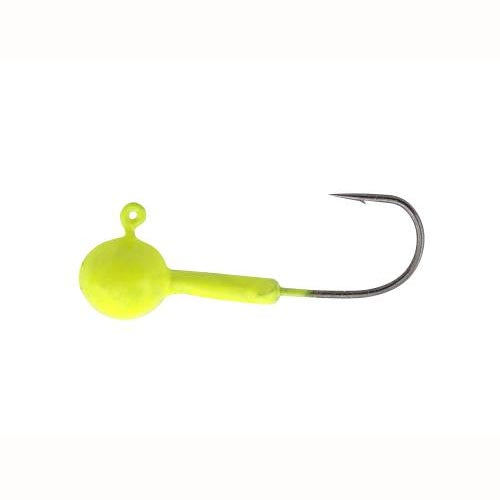 Bright yellow fishing jig head with hook.