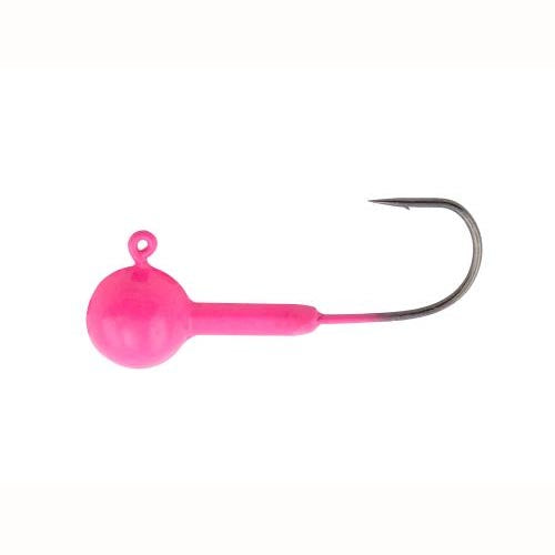 Pink fishing jig head with hook.