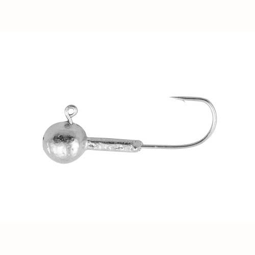 Fishing jig head with hook, silver color.