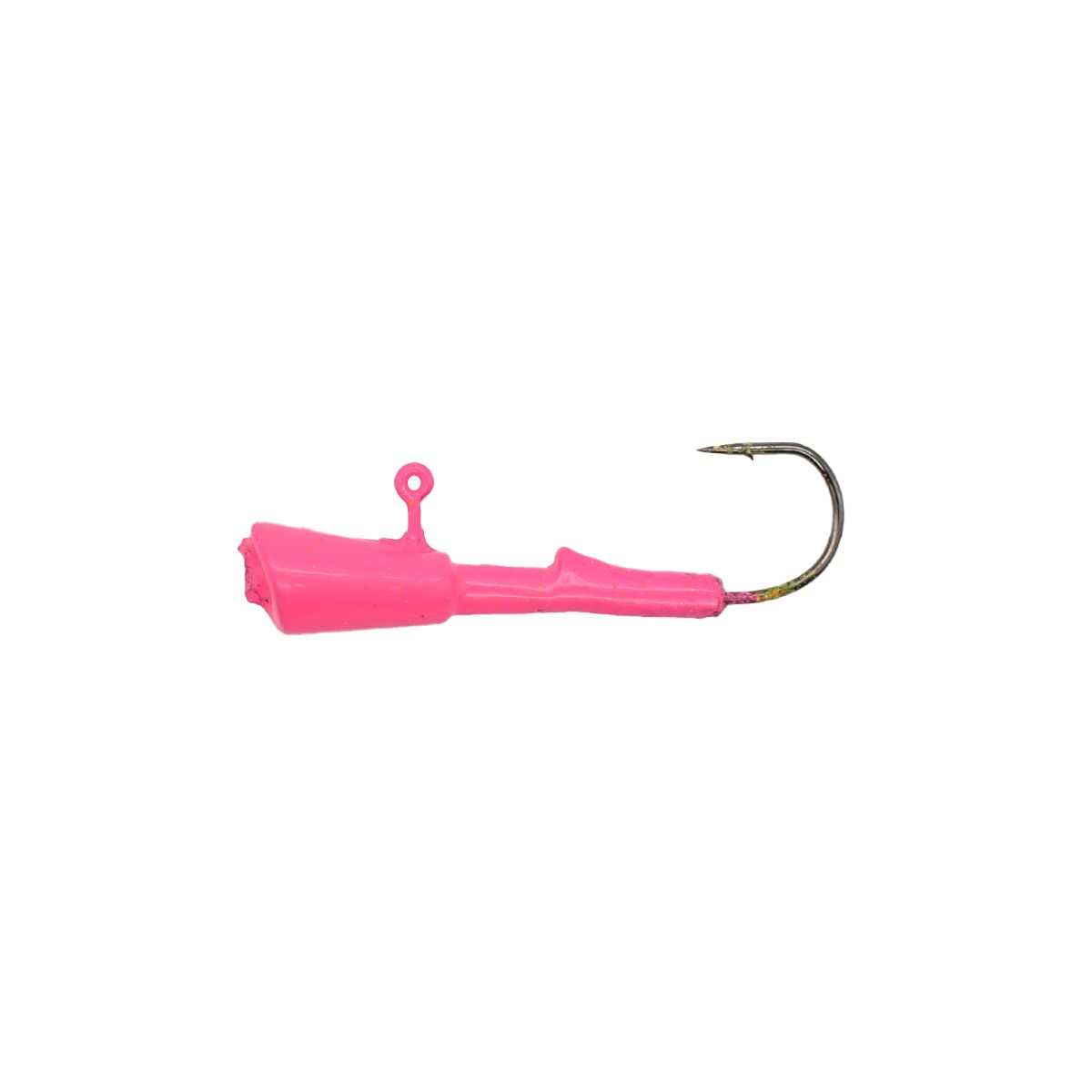 Pink fishing lure with a sharp hook.