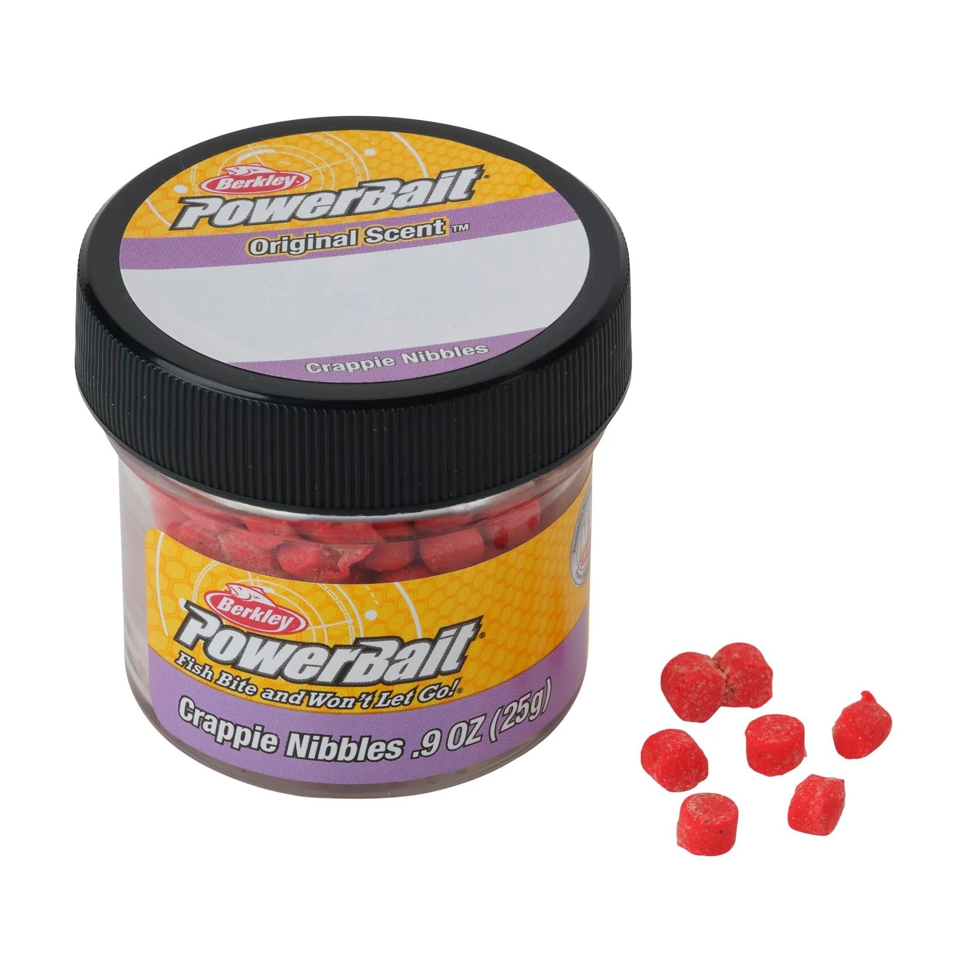 Berkley PowerBait Crappie Nibbles in container.