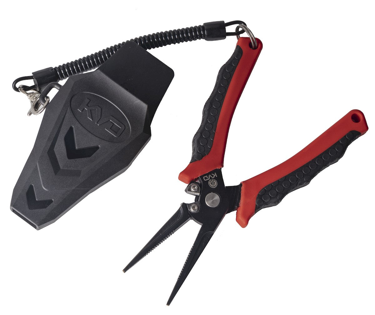 Fishing pliers with sheath and coiled lanyard.