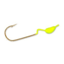 Yellow fishing jig with a hook.