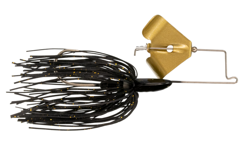 Fishing lure with black and gold features.