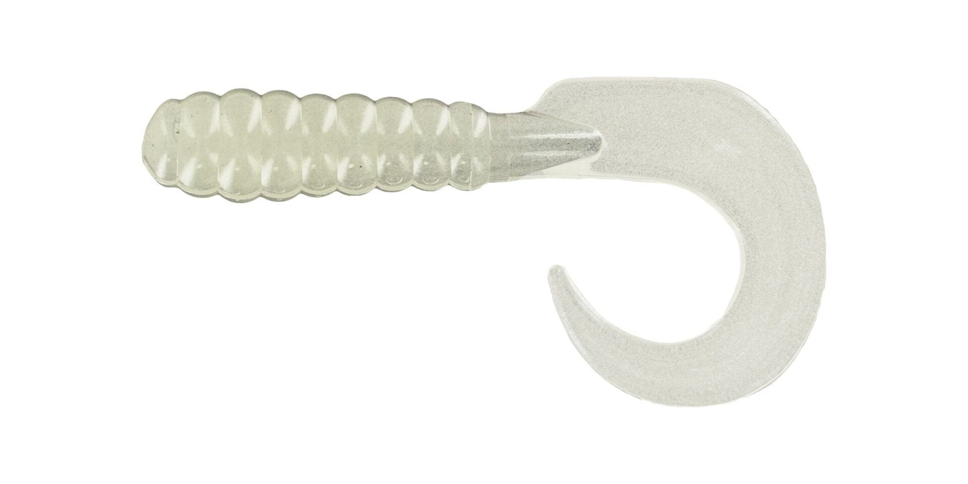 Transparent fishing lure with hook-shaped tail.