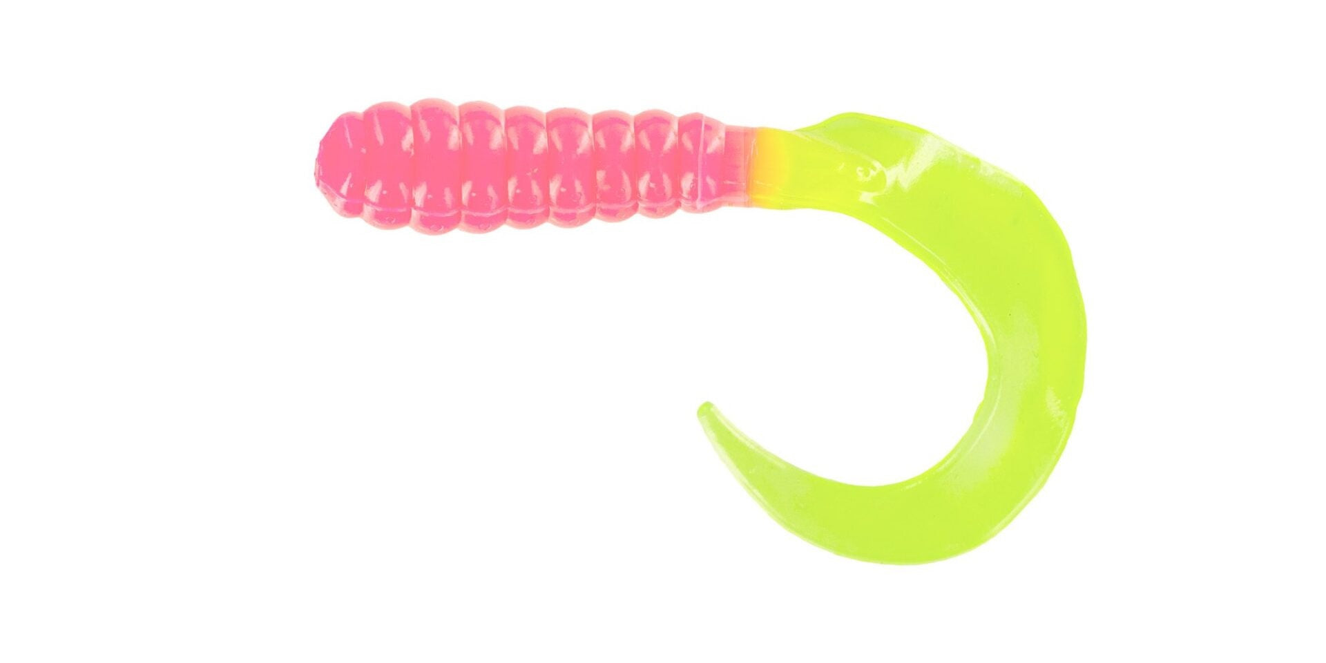 Bright pink and green fishing lure on white.