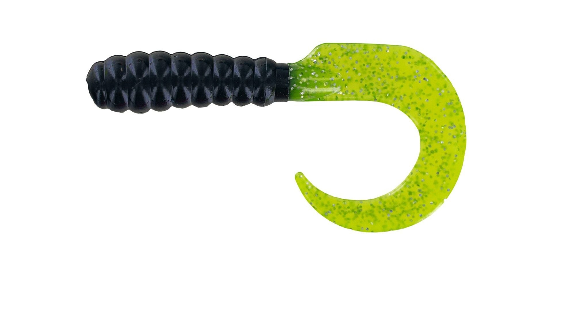 Green and black fishing lure with curly tail.