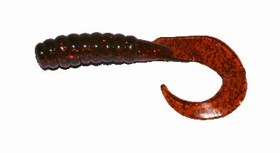 Red fishing lure with curled tail design.