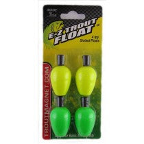 Fishing floats in yellow and green packaging.