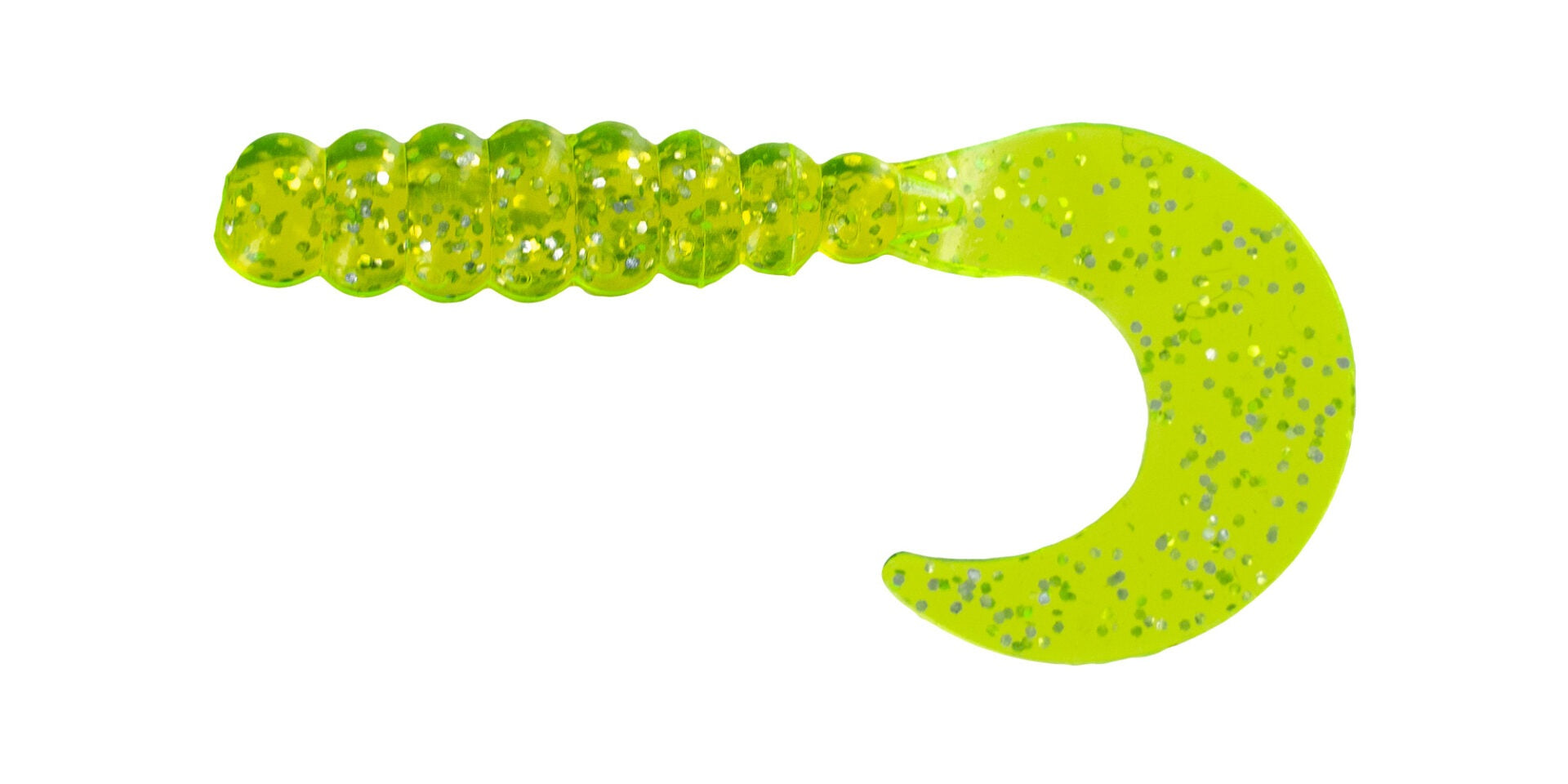 Bright green glitter fishing lure on white background.