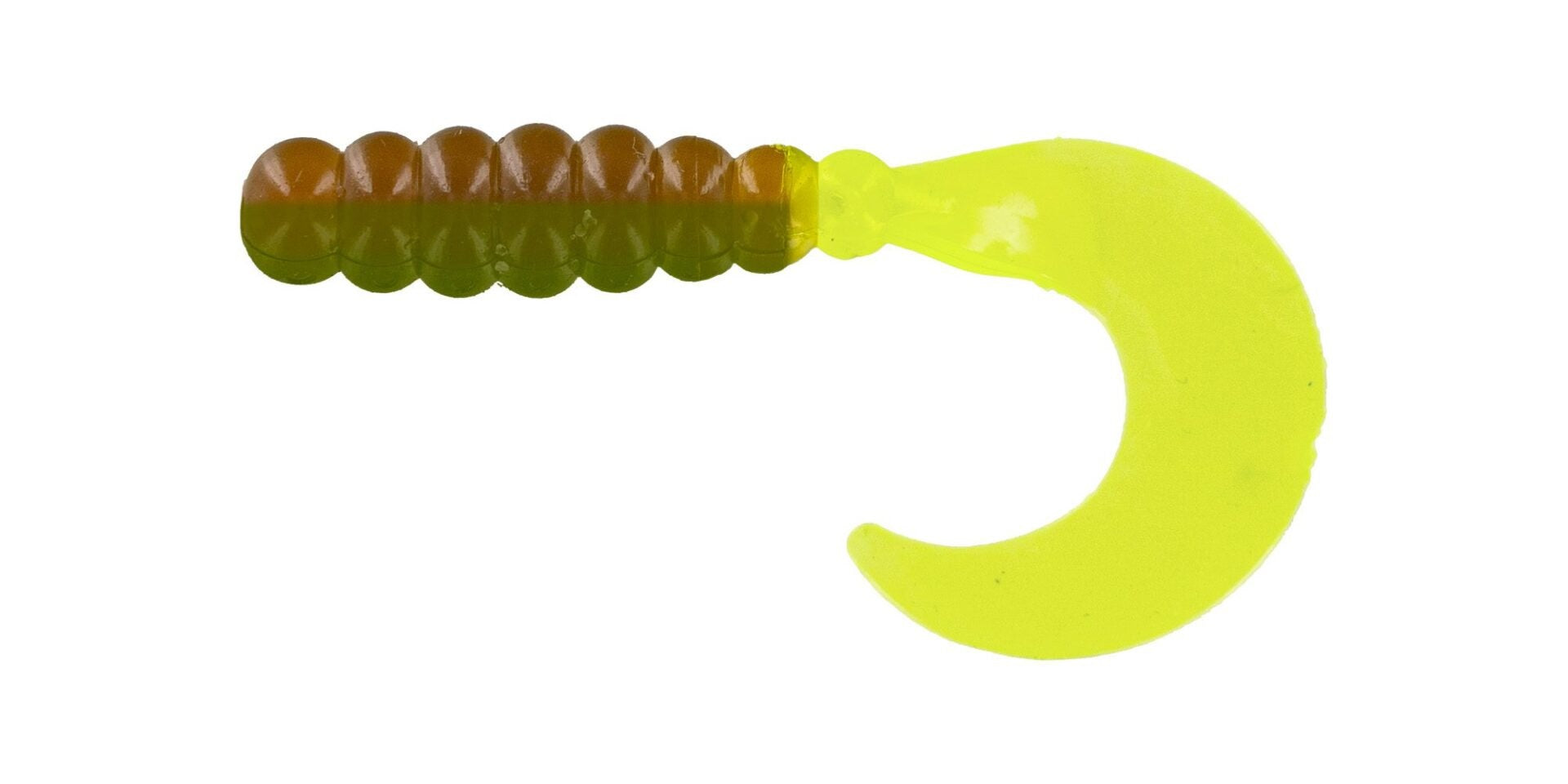 Yellow and brown fishing lure with curly tail.