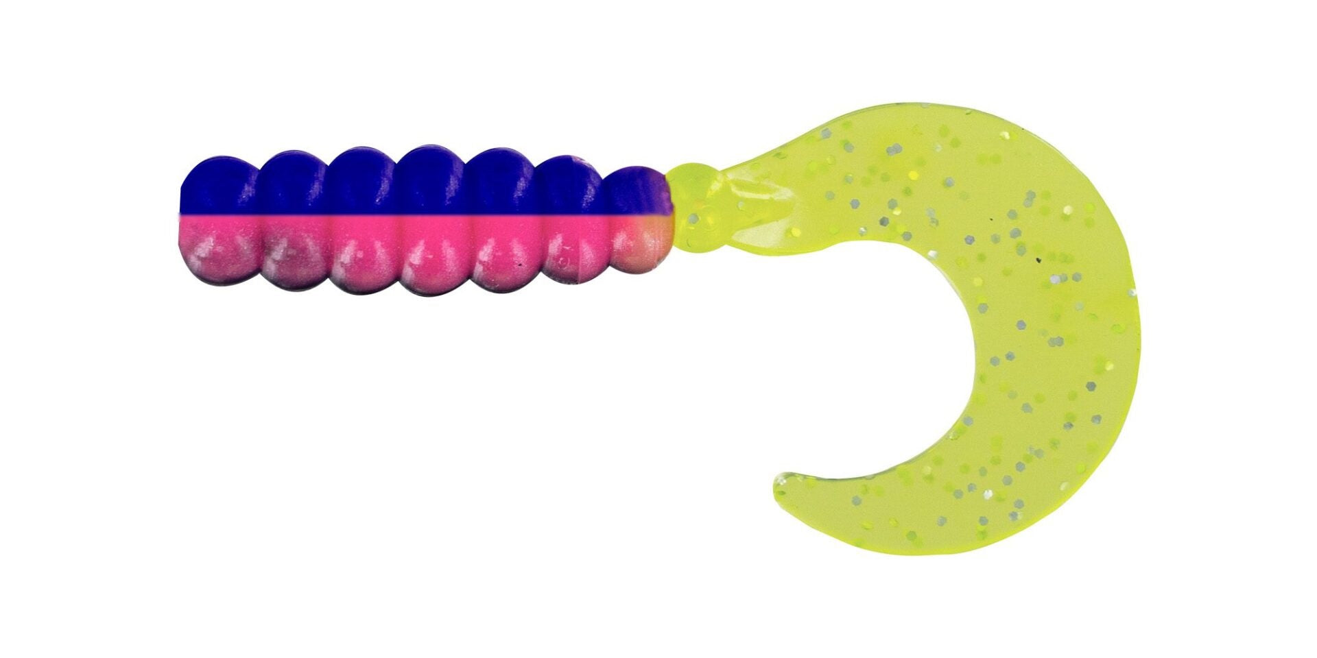 Colorful fishing lure with a curly tail.