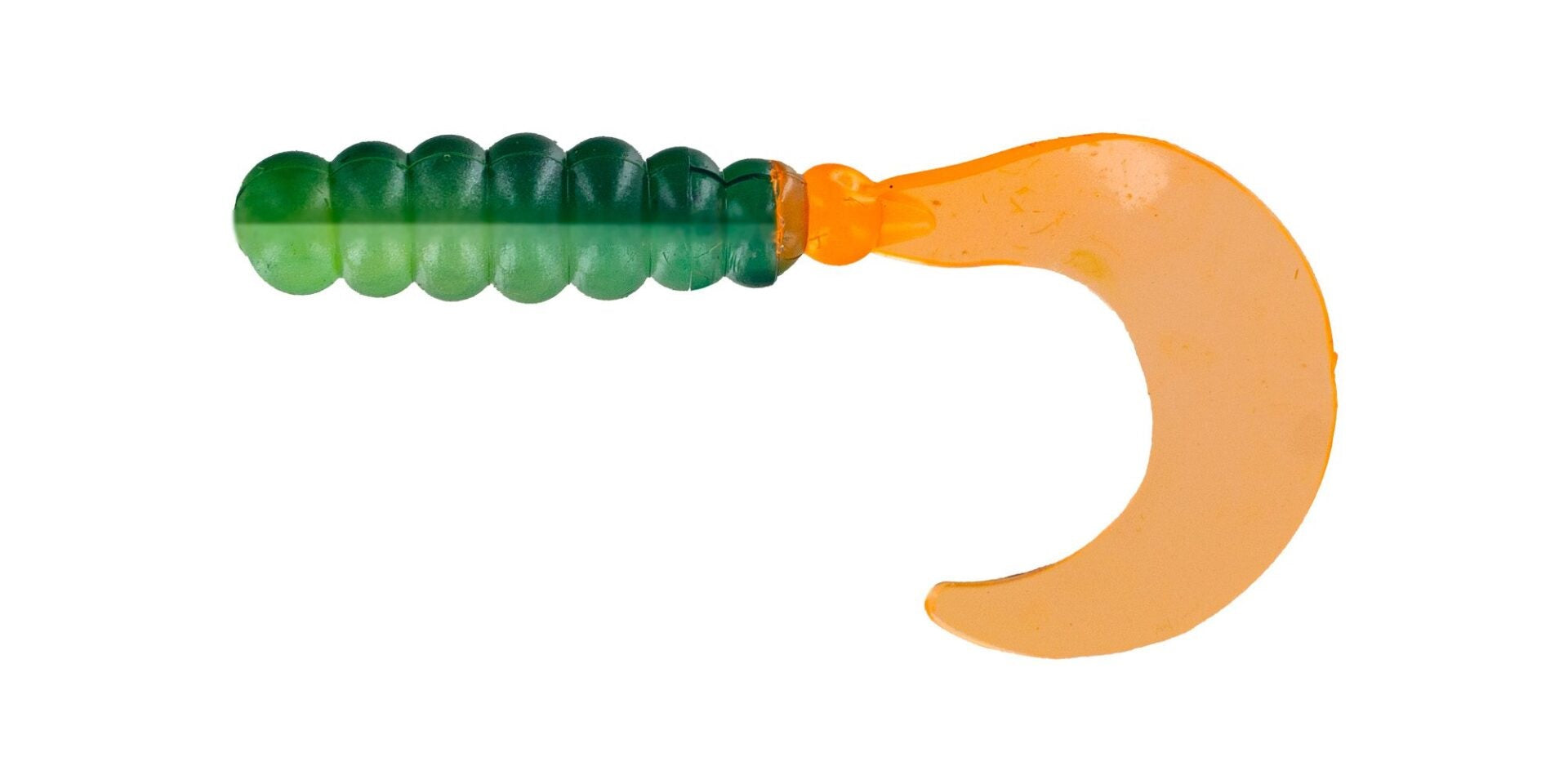 Colorful plastic fishing lure with curved hook.