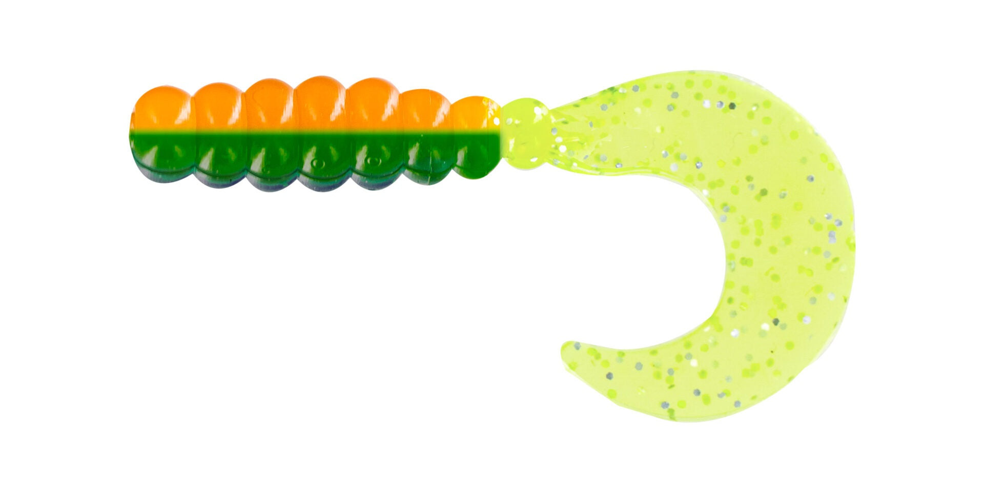 Colorful fishing lure with a curly tail.