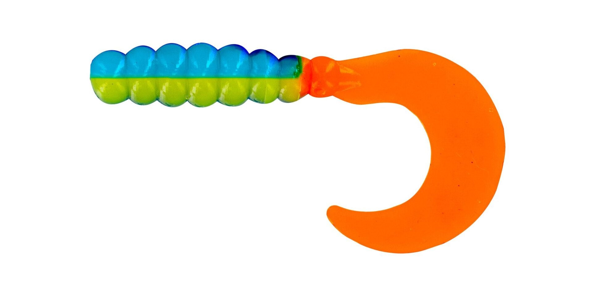 Colorful fishing lure with orange tail.