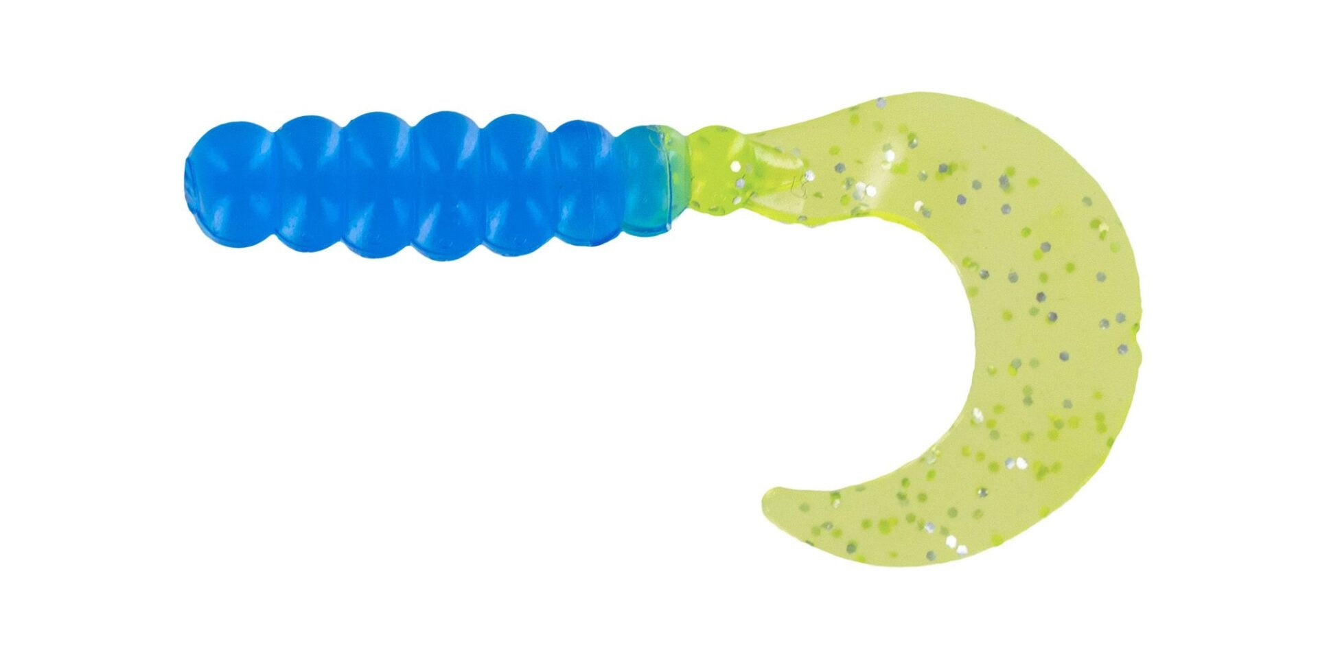 Blue and yellow fishing lure with sparkles.