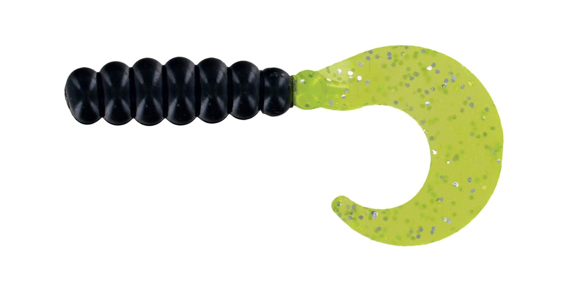 Black and green fishing lure on white background.