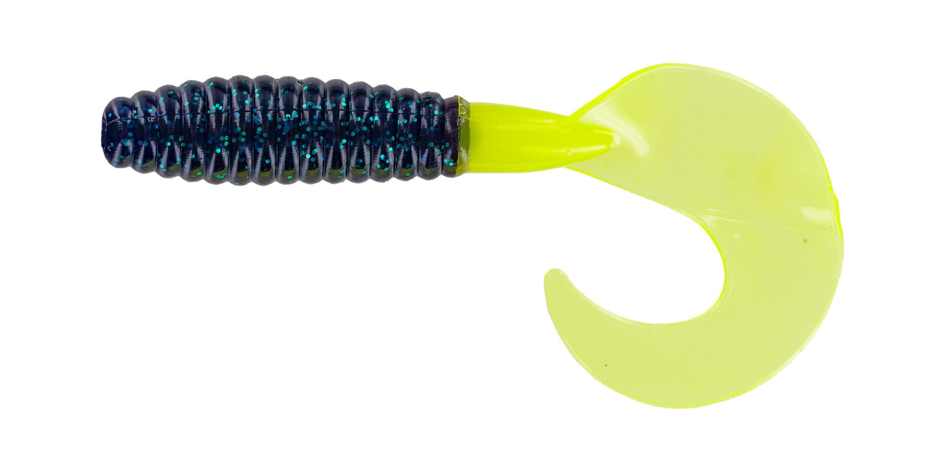 Brightly colored fishing lure with curly tail.