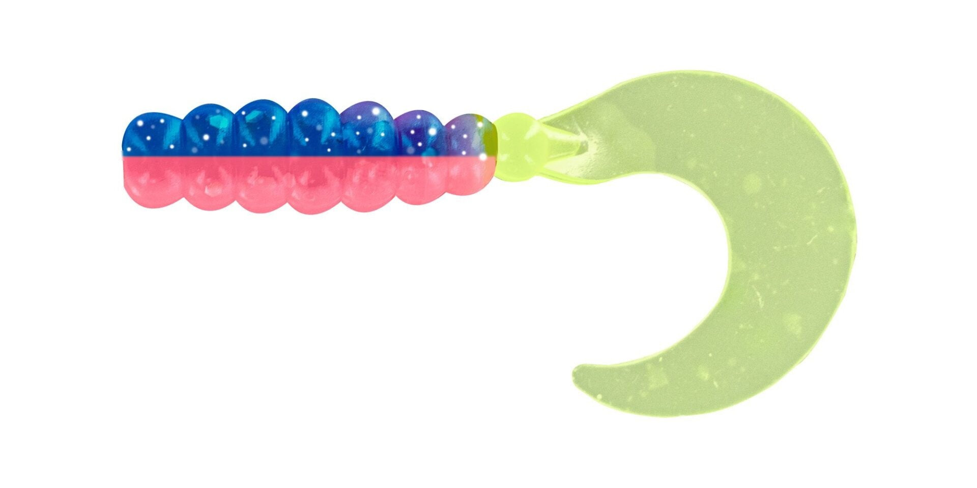 Colorful fishing lure with a curved tail.