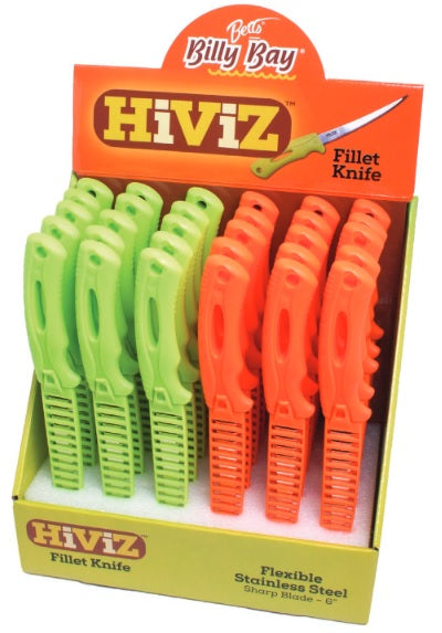 Hiviz fillet knives in display stand.