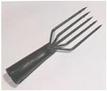 Four-pronged gardening hand fork on white background.