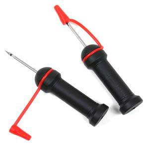 Two black and red tire lever tools.