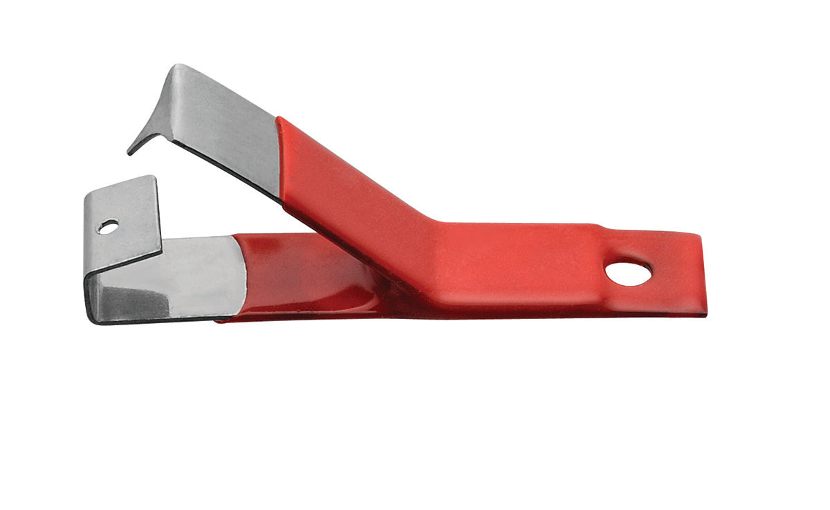 Red and silver tool for opening objects.