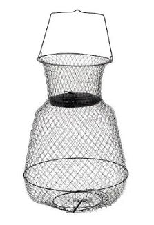 Wire mesh basket with a handle.