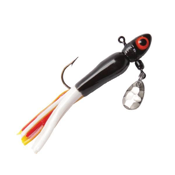 Fishing lure with red and white elements.