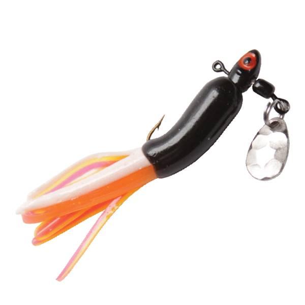 Colorful fishing lure with skirt and blade.