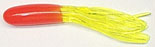 Red and yellow fishing lure with trailing skirt.