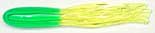 Green and yellow fishing lure with tails.