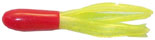 Red and yellow fishing lure with tails.