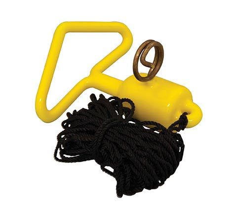 Yellow digging tool with black rope attachment.