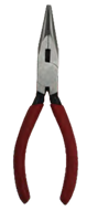 Pliers with red handles and pointed tips.