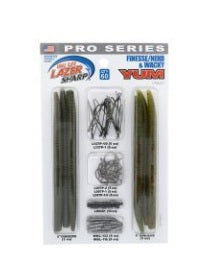 Fishing tackle kit with soft baits and hooks.