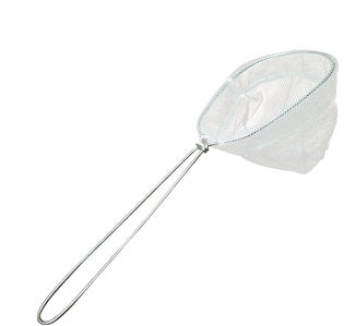 Metal mesh sieve with a long handle.