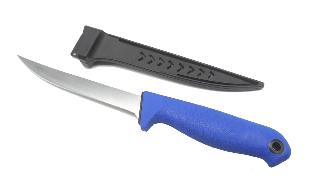 Blue-handled knife with black sheath.