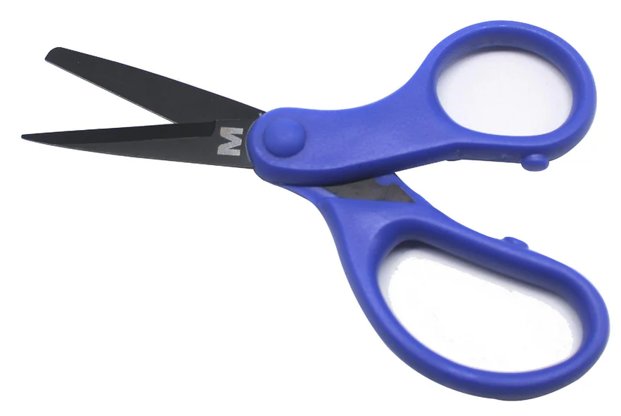 Blue-handled scissors on a white background.