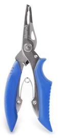 Blue-handled pliers with stainless steel jaws.