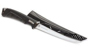 Black-handled knife with a shiny blade.