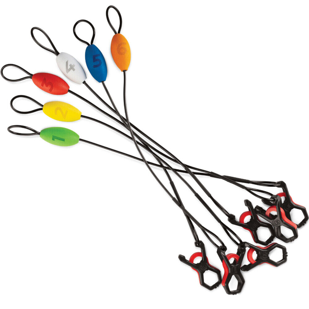 Colorful fishing bobbers with attached wires.