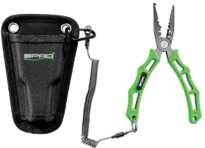 Fishing pliers with carrying case and lanyard.