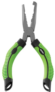 Green-handled pliers with gripping ends.