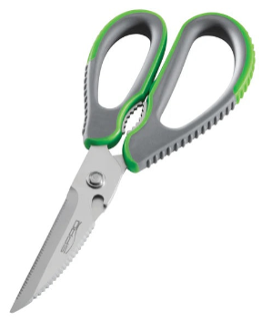 Green and gray kitchen shears with serrated blade.