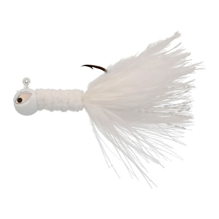 White fishing lure with feather tail.