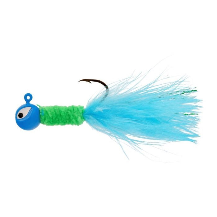 Colorful fishing lure with feathered tail.