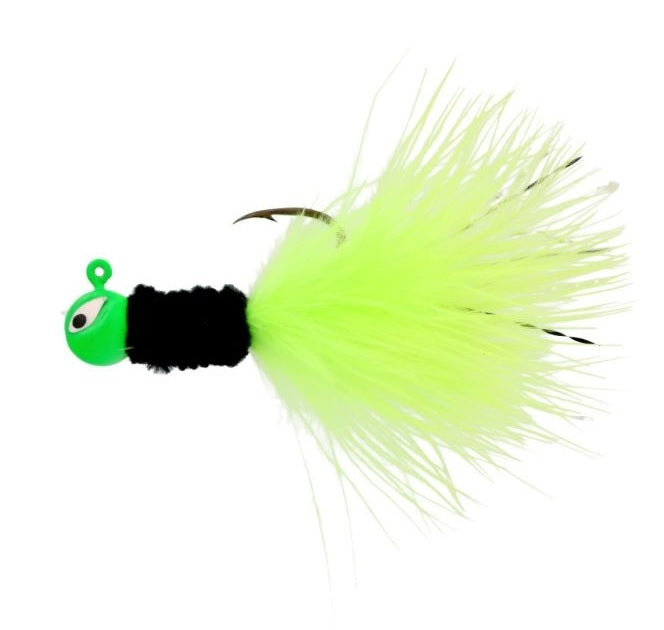 Green fishing lure with black detailing.