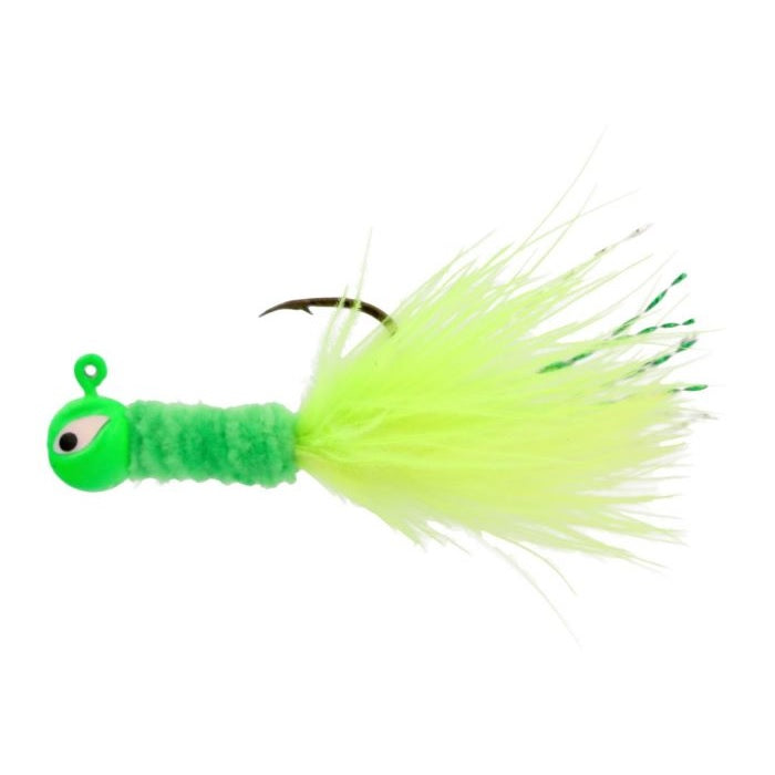 Bright green fishing lure with fuzzy tail.