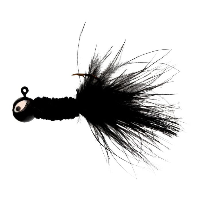 Black fishing lure with feathered tail.